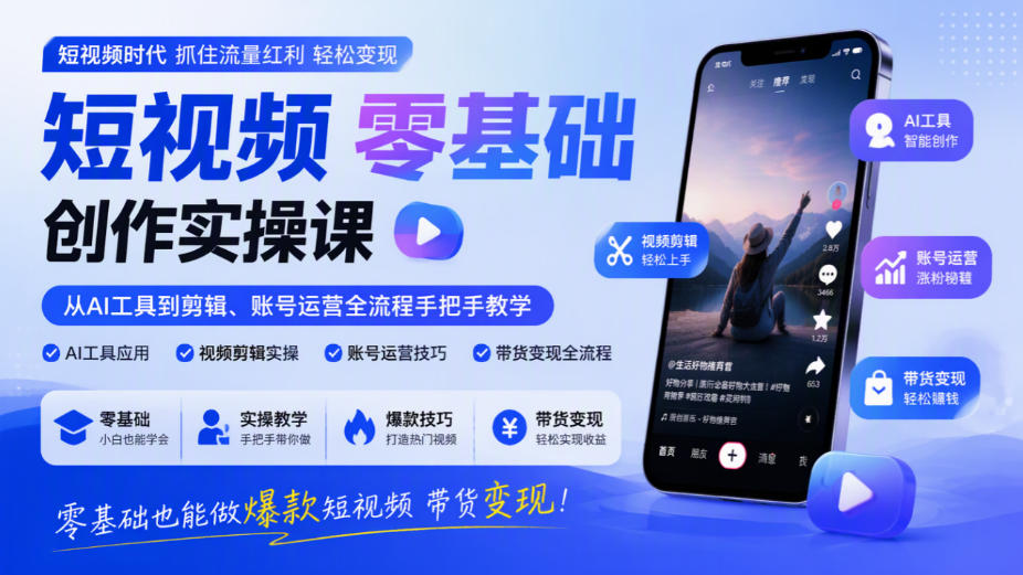 短视频零基础创作实操课，从AI工具到剪辑、账号运营全流程手把手教学，零基础也能做爆款短视频带货变现-LanTi云网创
