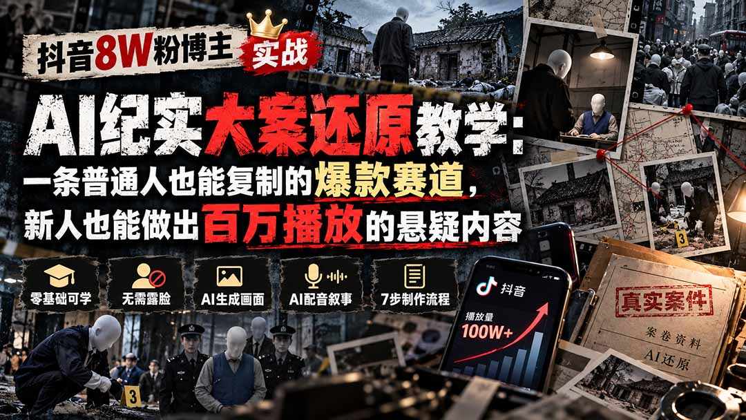 抖音8W粉博主AI纪实大案还原教学：一条普通人也能复制的爆款赛道，新人也能做出百万播放的悬疑内容-LanTi云网创