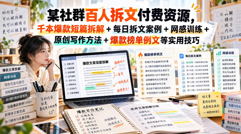(无水印)某社群百人拆文付费资源，千本爆款短篇拆解+每日拆文案例+网感训练+原创写作方法+爆款榜单例文等实用技巧(更新1009)-LanTi云网创