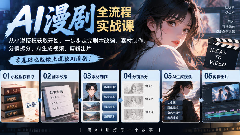 AI漫剧全流程实战课｜从小说授权获取开始，一步步走完剧本改编、素材制作、分镜拆分、AI生成视频、剪辑出片全流程-LanTi云网创
