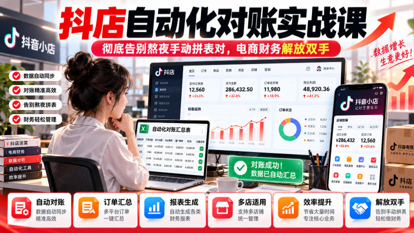 抖店自动化对账实战课，彻底告别熬夜手动拼表对，账电商财务解放双手-LanTi云网创