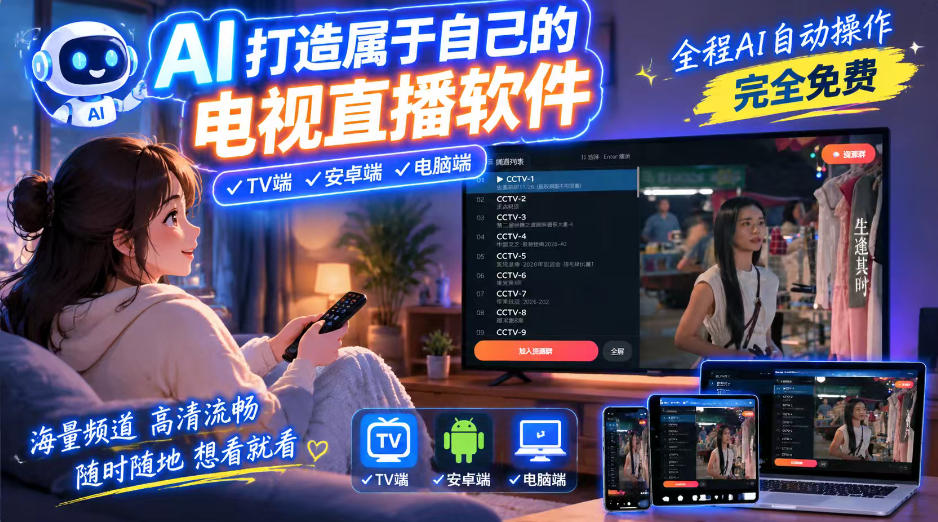一个提示词，AI全自动做出电视直播软件，电脑、安卓、电视三端通用，完全免费，画质流畅不卡顿-LanTi云网创