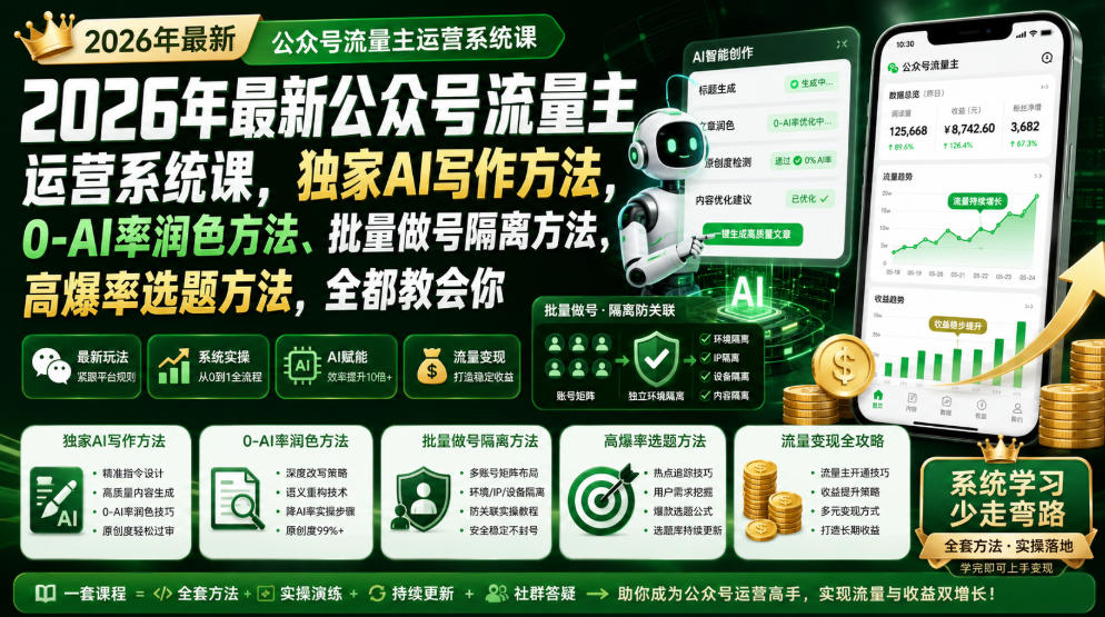 2026年最新公众号流量主运营系统课，独家AI写作方法，0-AI率润色方法、批量做号隔离方法、高爆率选题方法，全都教会你(更新1009)-LanTi云网创