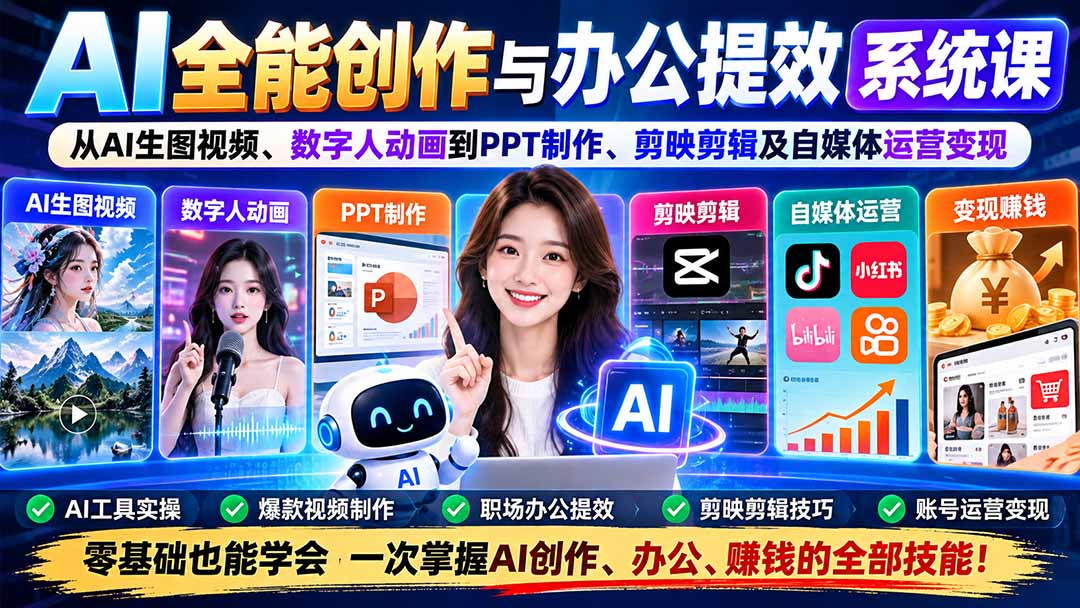 AI全能创作与办公提效系统课：从AI生图视频、数字人动画到PPT制作、剪映剪辑及自媒体运营变现-LanTi云网创