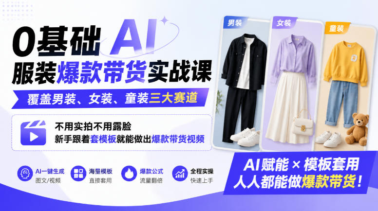 0基础AI服装爆款带货实战课｜覆盖男装、女装、童装三大赛道，不用实拍不用露脸，新手跟着套模板就能做出爆款带货视频(更新1010)-LanTi云网创