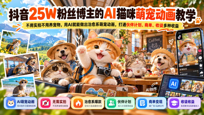 抖音25W粉丝博主的AI猫咪萌宠动画教学，不用实拍不用养宠物，用AI就能做出治愈系萌宠动画，打通伙伴计划、商单、收徒多种收益-LanTi云网创