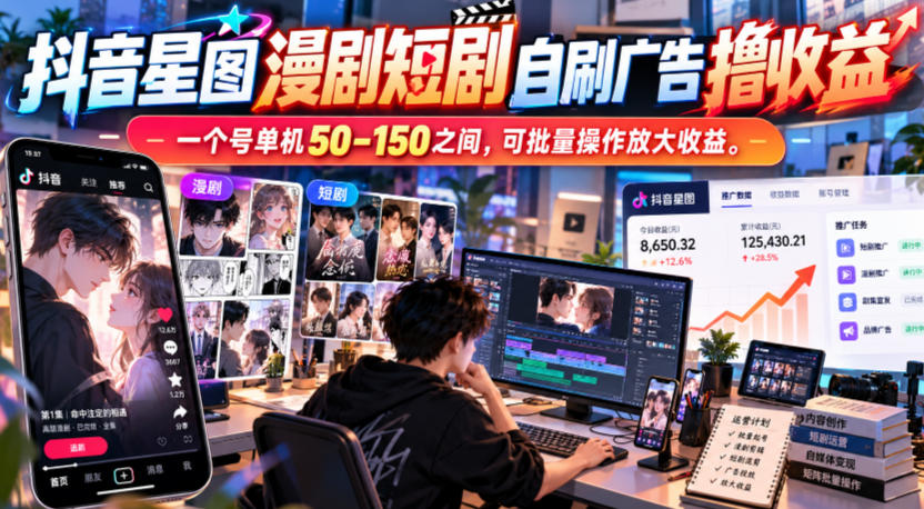 抖音星图漫剧短剧自刷广告撸收益，一个号单机50-150之间，可批量操作放大收益-LanTi云网创