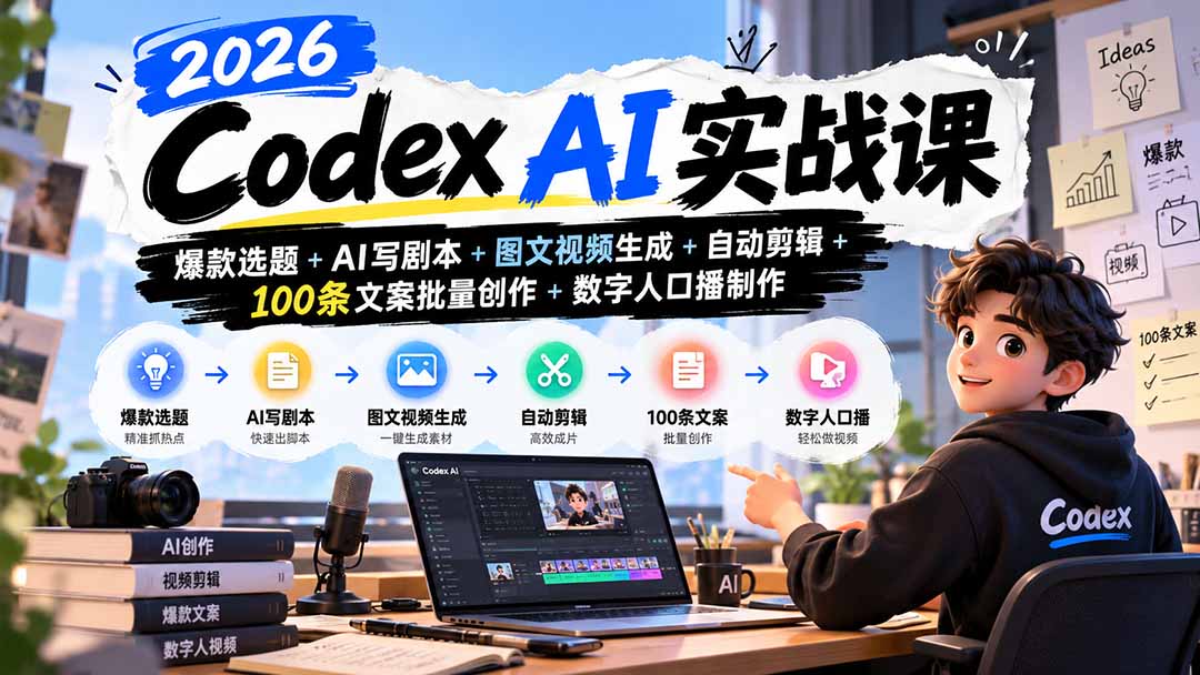 2026Codex AI实战课：爆款选题+AI写剧本+图文视频生成+自动剪辑+100条文案批量创作+数字人口播制作-LanTi云网创