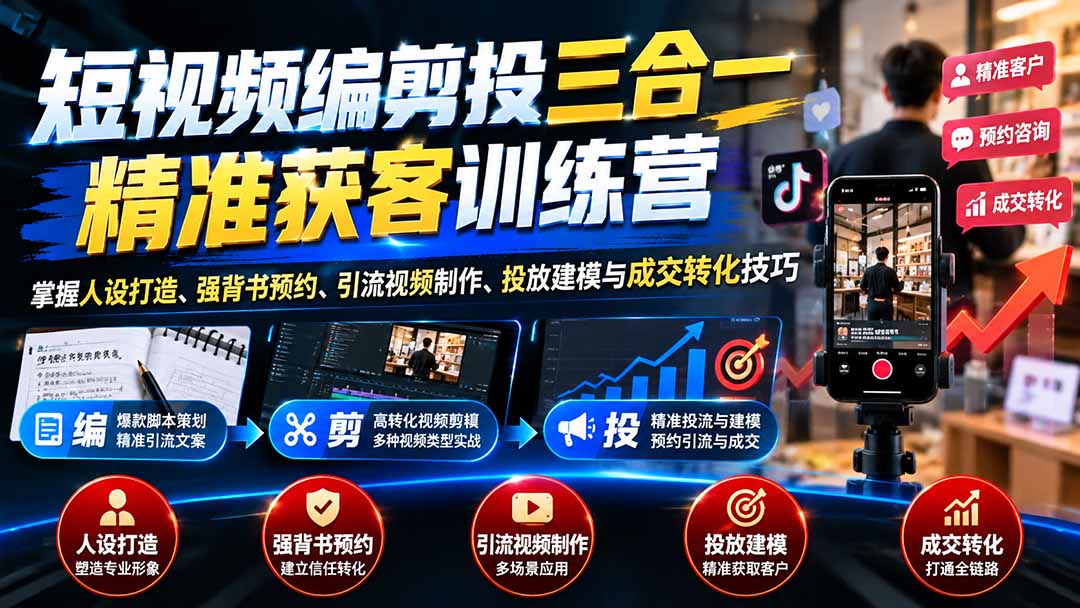 短视频编剪投三合一精准获客训练营：掌握人设打造、强背书预约、引流视频制作、投放建模与成交转化技巧-LanTi云网创