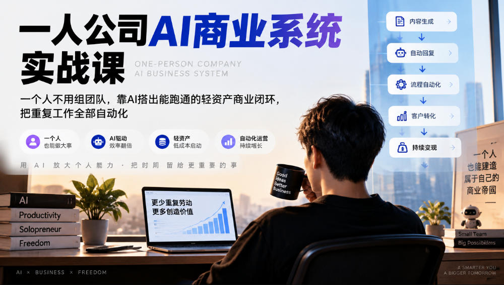 一人公司AI商业系统实战课，一个人不用组团队，靠AI搭出能跑通的轻资产商业闭环，把重复工作全部自动化-LanTi云网创