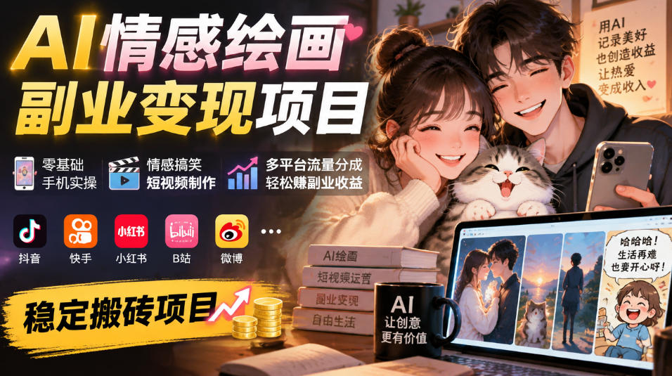 AI情感绘画副业变现项目｜零基础手机实操，情感搞笑短视频制作，多平台流量分成轻松賺副业收益-LanTi云网创
