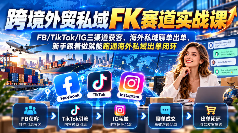 跨境外贸私域FK赛道实战课｜FB/TikTok/IG三渠道获客，海外私域聊单出单，新手跟着做就能跑通海外私域出单闭环-LanTi云网创