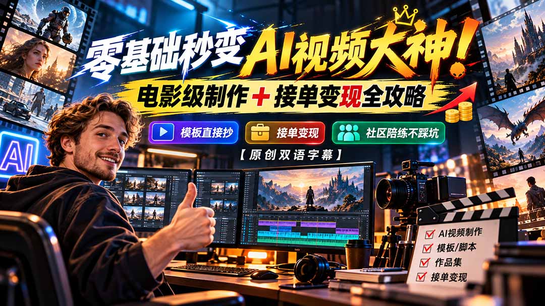 零基础秒变AI视频大神！电影级制作 + 接单变现全攻略，模板直接抄，社区陪练不踩坑【原创双语字幕】-LanTi云网创