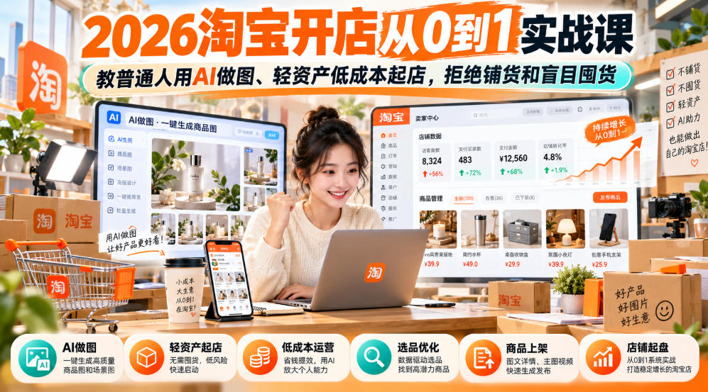 2026淘宝开店从0到1实战课，教普通人用AI做图、轻资产低成本起店，拒绝铺货和盲目囤货-LanTi云网创