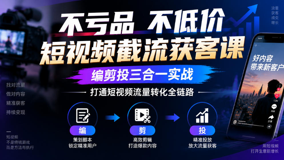 不亏品不低价短视频截流获客课，编剪投三合一实战，打通短视频流量转化全链路-LanTi云网创