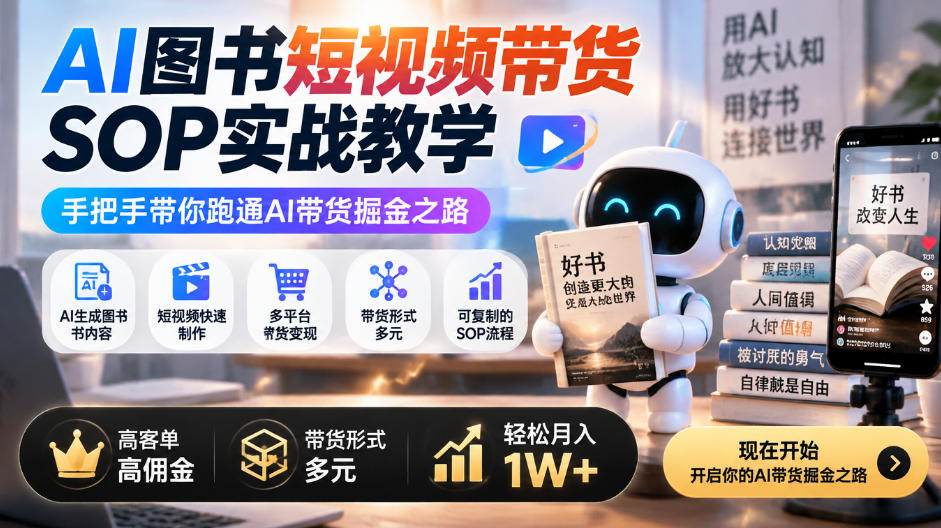 AI图书短视频带货SOP实战教学，手把手带你跑通AI带货掘金之路，高客单高佣金，带货形式多元，轻松月入1W+-LanTi云网创