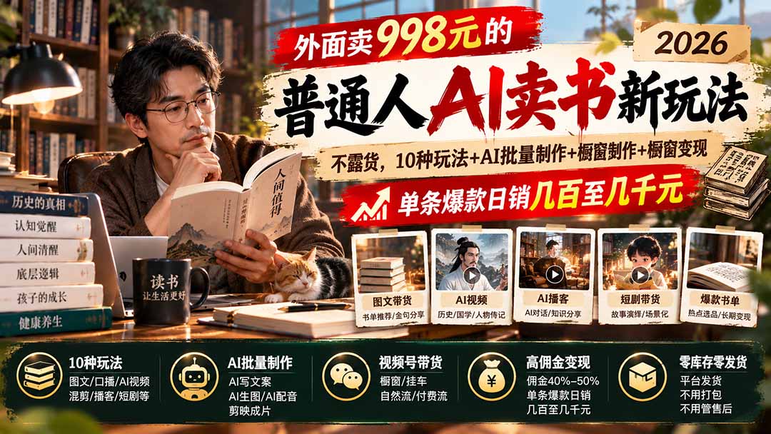 外面卖998元的2026普通人AI卖书新玩法：不露脸、不囤货，10种玩法+AI批量制作+橱窗变现，单条爆款日销几百至几千元-LanTi云网创