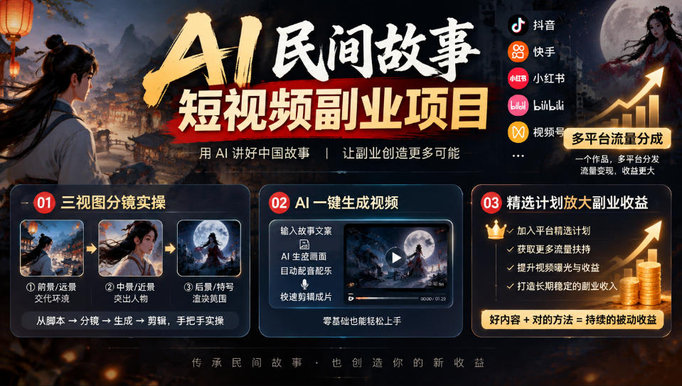 AI民间故事短视频副业项目，多平台流量分成，三视图分镜实操，精选计划放大副业收益-LanTi云网创