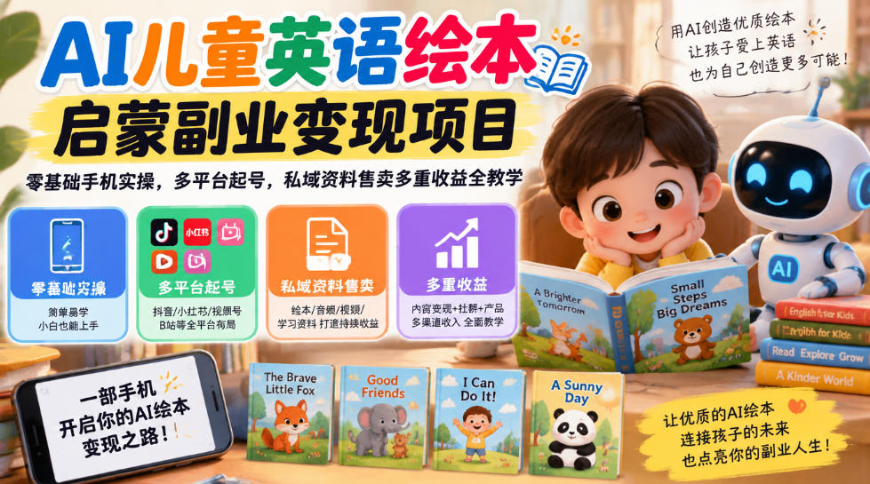 AI儿童英语绘本启蒙副业变现项目，零基础手机实操，多平台起号，私域资料售卖多重收益全教学-LanTi云网创