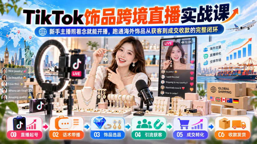 TikTok饰品跨境直播实战课，新手主播照着念就能开播，跑通海外饰品从获客到成交收款的完整闭环-LanTi云网创