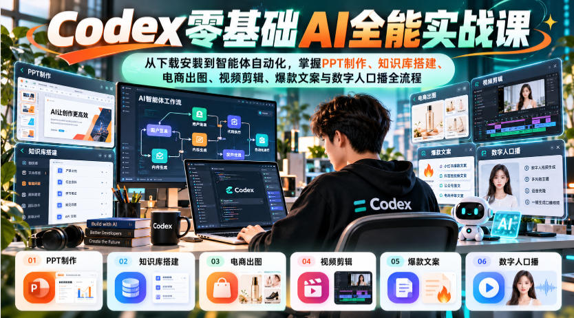 Codex零基础AI全能实战课：从下载安装到智能体自动化，掌握知识库搭建、电商出图、视频剪辑、爆款文案与数字人口播全流程-LanTi云网创