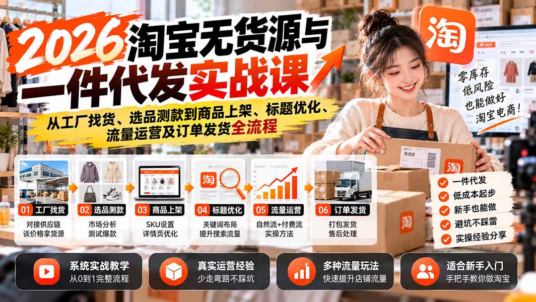2026淘宝无货源与一件代发实战课：从工厂找货、选品测款到商品上架、标题优化、流量运营及订单发货全流程-LanTi云网创