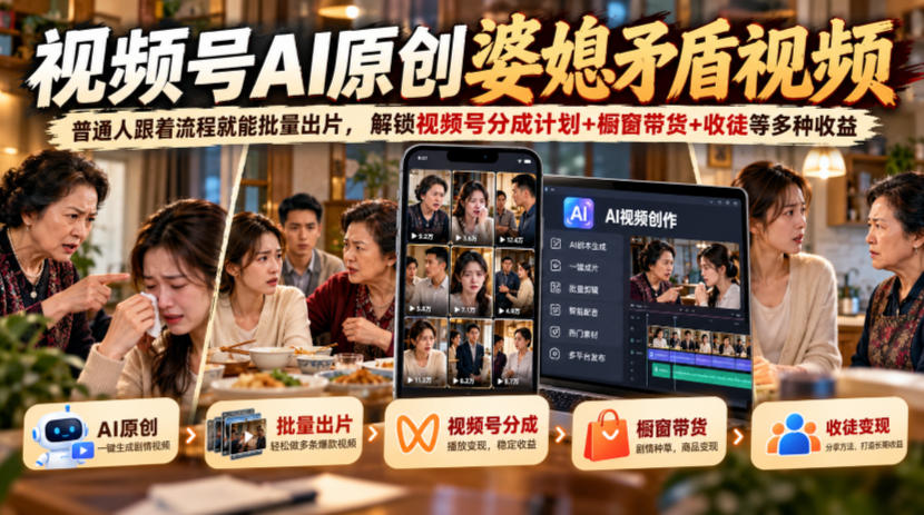 视频号ai原创婆媳矛盾视频，普通人跟着流程就能批量出片，解锁视频号分成计划+橱窗带货+收徒等多种收益-LanTi云网创