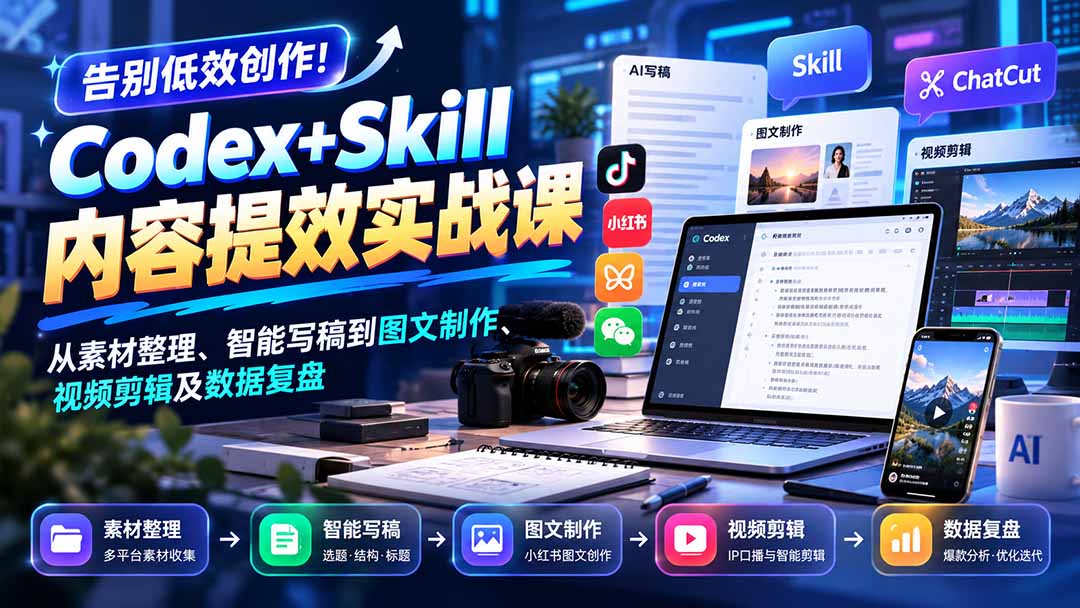 【无水印】告别低效创作！Codex+Skill内容提效实战课：从素材整理、智能写稿到图文制作、视频剪辑及数据复盘-LanTi云网创