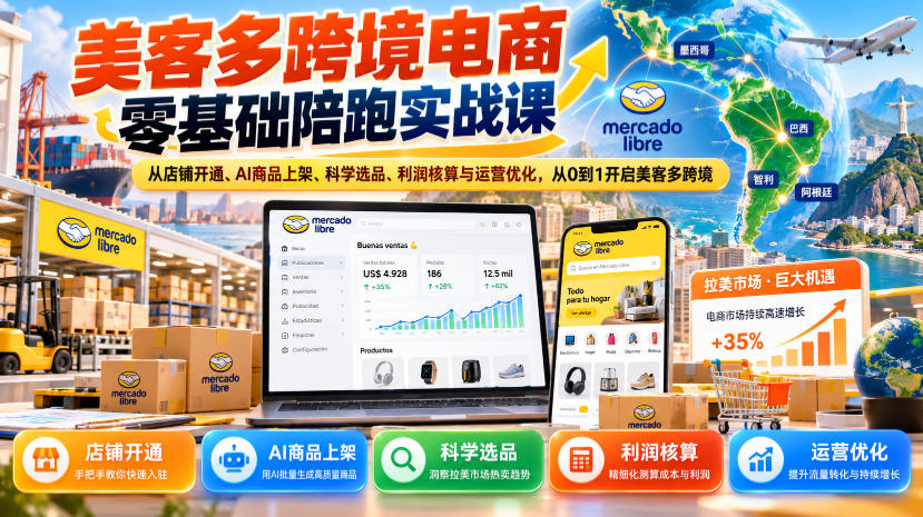 美客多跨境电商零基础陪跑实战课：从店铺开通、AI商品上架、科学选品、利润核算与运营优化，从0到1开启美客多跨境-LanTi云网创