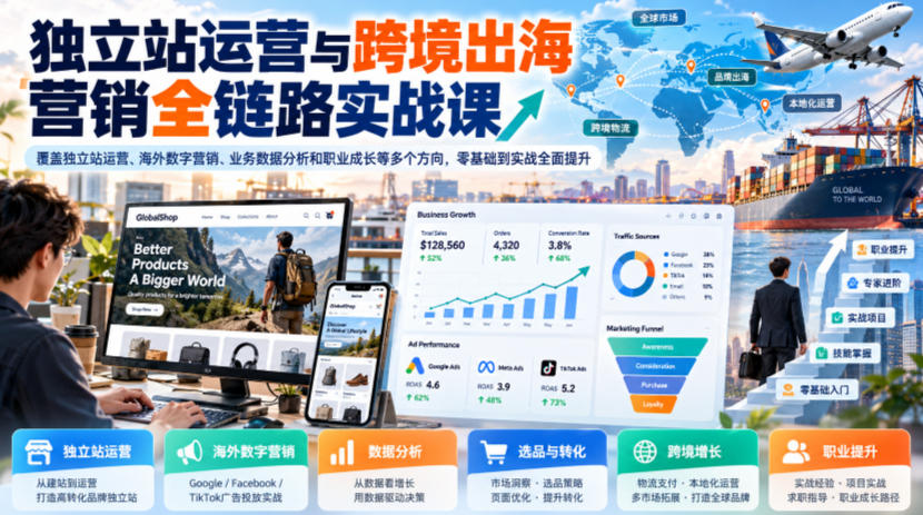 独立站运营与跨境出海营销全链路实战课，覆盖独立站运营、海外数字营销、业务数据分析和职业成长等多个方向，零基础到实战全面提升-LanTi云网创