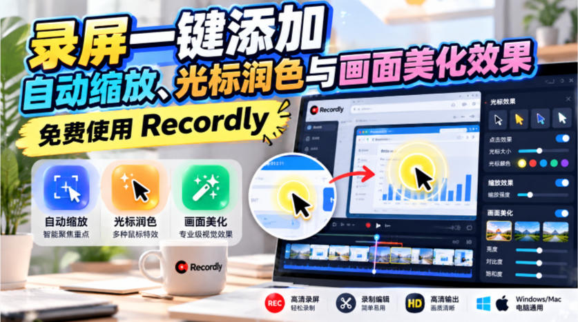 录屏一键添加自动缩放、光标润色与画面美化效果，免费使用Recordly-LanTi云网创