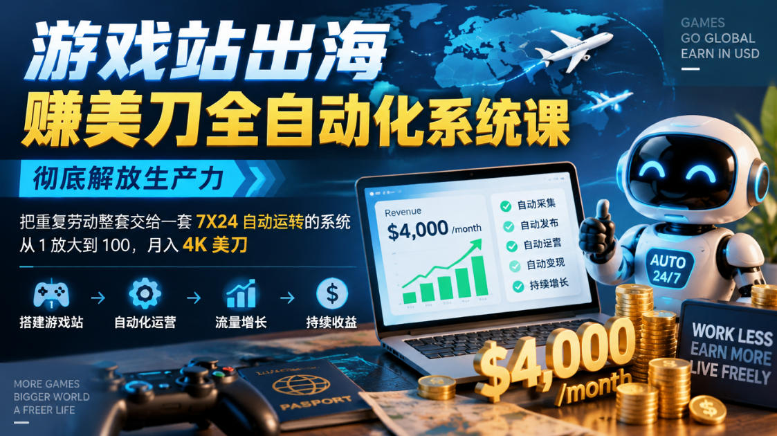 游戏站出海賺美刀全自动化系统课，彻底解放生产力--把重复劳动整套交给一套7X24自动运转的系统，从1放大到100，月入4K美刀-LanTi云网创
