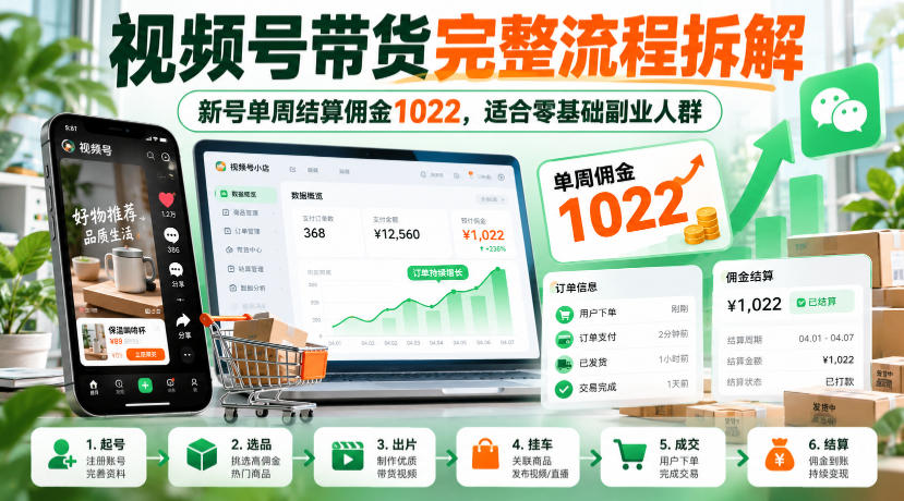 视频号带货完整流程拆解，新号单周结算佣金1022，适合零基础副业人群-LanTi云网创