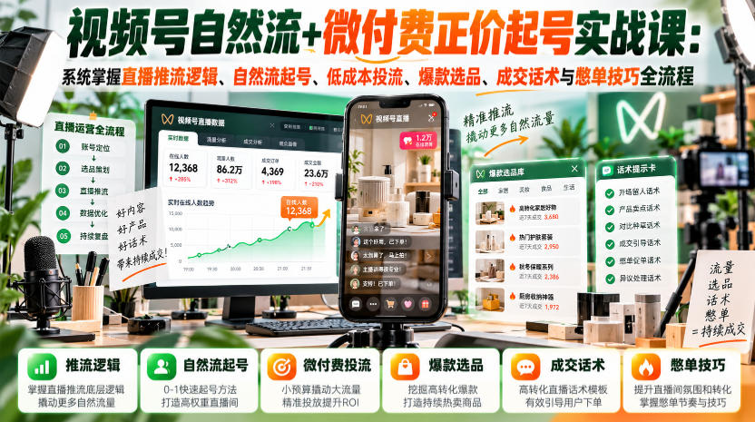 视频号自然流+微付费正价起号实战课：系统掌握直播推流逻辑、自然流起号、低成本投流、爆款选品、成交话术与憋单技巧全流程-LanTi云网创
