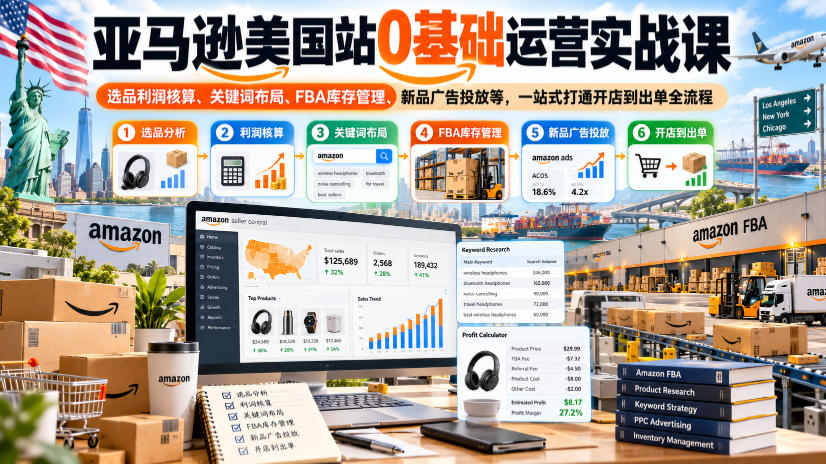 亚马逊美国站0基础运营实战课｜选品利润核算、关键词布局、FBA库存管理、新品广告投放等，一站式打通开店到出单全流程-LanTi云网创