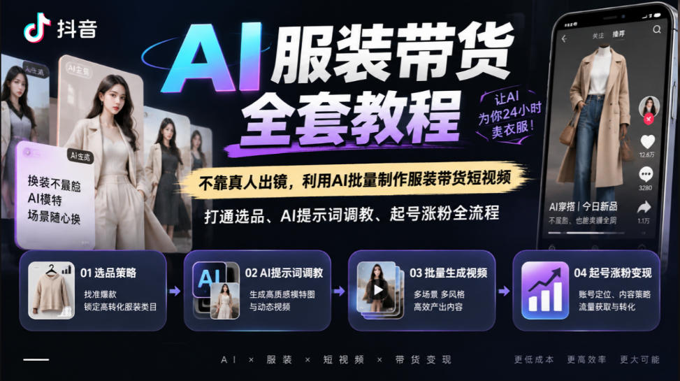 抖音AI服装带货全套教程，不靠真人出镜，利用AI批量制作服装带货短视频，打通选品、AI提示词调教、起号涨粉全流程-LanTi云网创