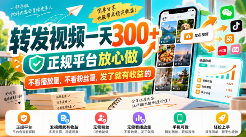 转发视频一天300+，正规平台放心做，不看播放量，不看粉丝量，发了就有收益的【揭秘】-LanTi云网创
