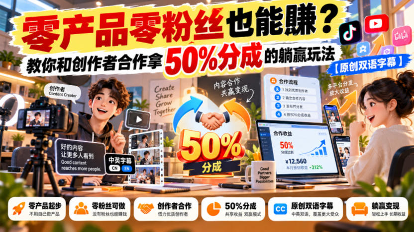 【无水印】零产品零粉丝也能賺？教你和创作者合作拿50%分成的躺赢玩法【原创双语字幕】-LanTi云网创