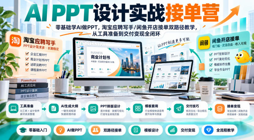 AI PPT设计实战接单营｜零基础学AI做PPT，淘宝应聘写手/闲鱼开店接单双路径教学，从工具准备到交付变现全闭环-LanTi云网创