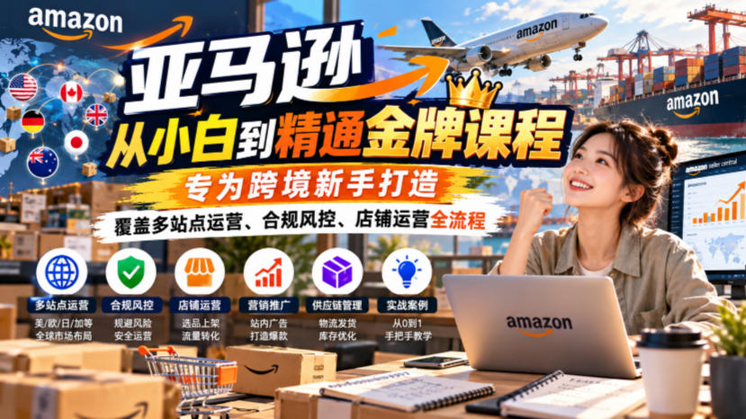 亚马逊从小白到精通金牌课程，专为跨境新手打造，覆盖多站点运营、合规风控、店铺运营全流程-LanTi云网创