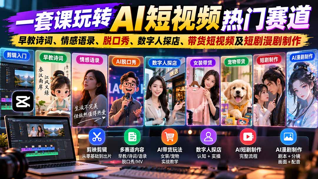 一套课玩转AI短视频热门赛道：早教诗词、情感语录、脱口秀、数字人探店、带货短视频及短剧漫剧制作  复制标题-LanTi云网创