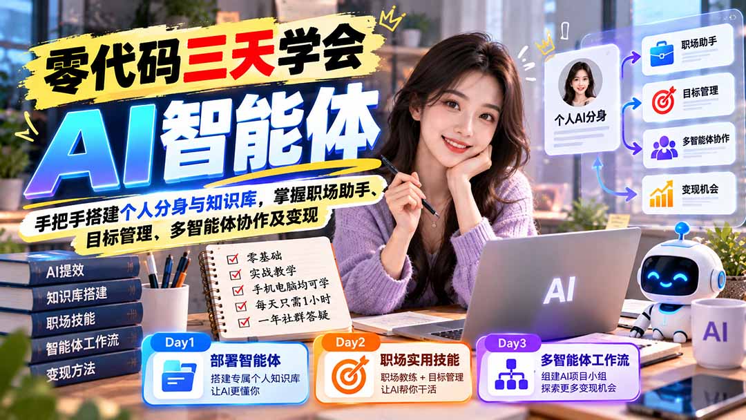 【无水印】零代码三天学会AI智能体：手把手搭建个人分身与知识库，掌握职场助手、目标管理、多智能体协作及变现-LanTi云网创