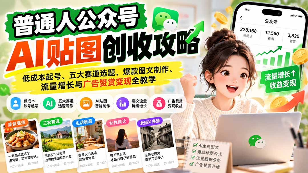 普通人公众号AI贴图创收攻略：低成本起号、五大赛道选题、爆款图文制作、流量增长与广告赞赏变现全教学-LanTi云网创