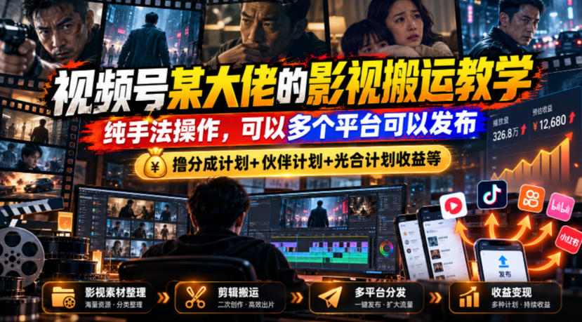 视频号某大佬的影视搬运教学，纯手法操作，可以多个平台可以发布，撸分成计划+伙伴计划+光合计划收益等-LanTi云网创