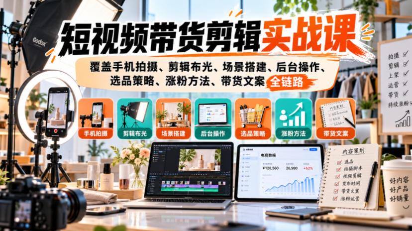 短视频带货剪辑实战课，覆盖手机拍摄、剪辑布光、场景搭建、后台操作、选品策略、涨粉方法、带货文案全链路-LanTi云网创