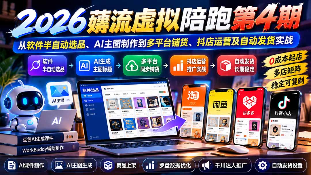 2026薅流虚拟陪跑第4期：从软件半自动选品、AI主图制作到多平台铺货、抖店运营及自动发货实战-LanTi云网创
