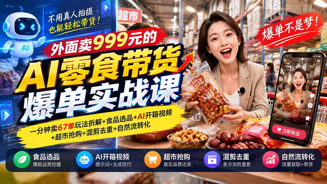 外面卖999元的AI零食带货爆单实战课｜一分钟卖67单玩法拆解+食品选品+AI开箱视频+超市抢购+混剪去重+自然流转化-LanTi云网创