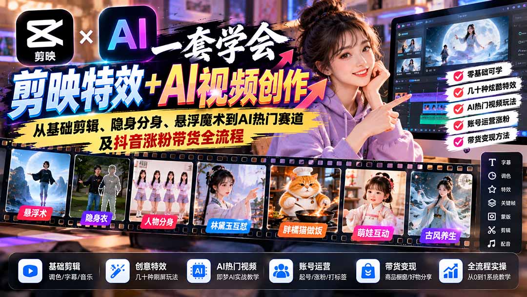 一套学会剪映特效+AI视频创作：从基础剪辑、隐身分身、悬浮魔术到AI热门赛道及抖音涨粉带货全流程-LanTi云网创