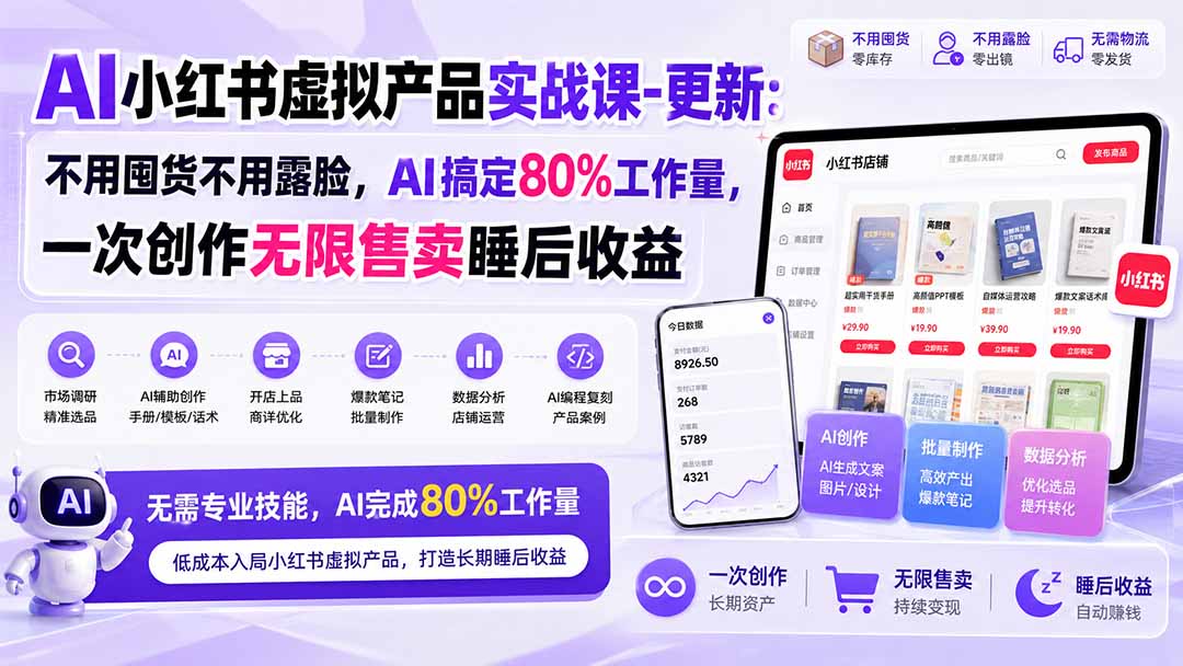 AI小红书虚拟产品实战课-更新1017：不用囤货不用露脸，AI搞定80%工作量，一次创作无限售卖睡后收益-LanTi云网创