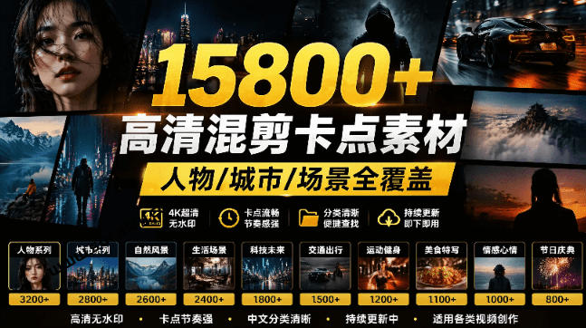 【影视剪辑素材合集】15800+高清混剪卡点｜热门影视精彩片段｜人物/城市/场景全覆盖，中文分类清晰-LanTi云网创